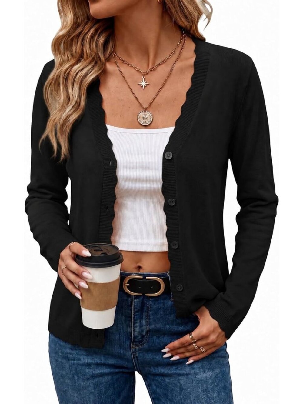 🆕Women's Dark Black V Neck Knit Cardigan Sweater Scalloped Trim Button Front